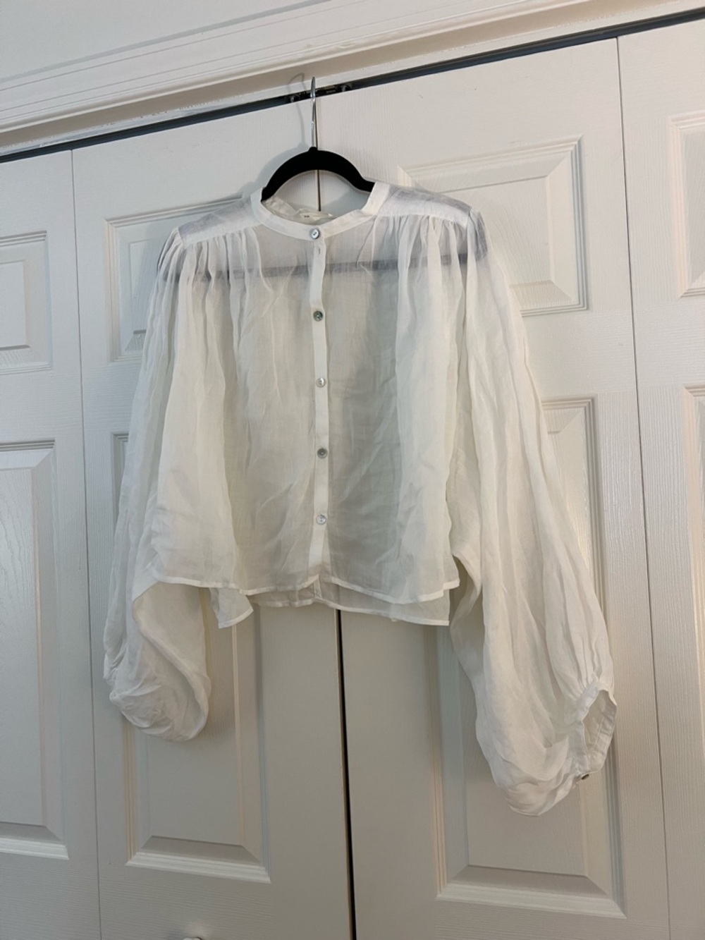 H&M White Sheer Linen Button-Up Puff Sleeve Blouse